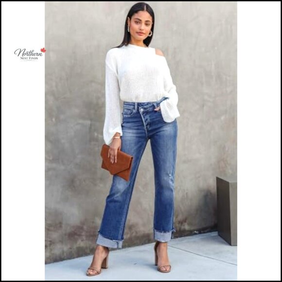 High Rise Crossover Boyfriend Jeans, Distressed Stretchy Denim Pants, Straight - Picture 3 of 7